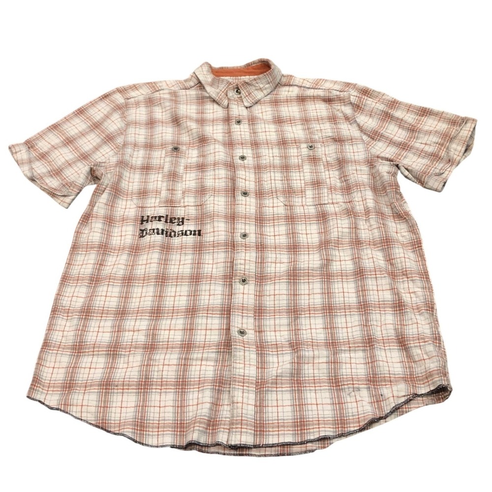 Harley-Davidson Button Up Shirt Mens L White Orange Plaid Short Sleeve Graphic